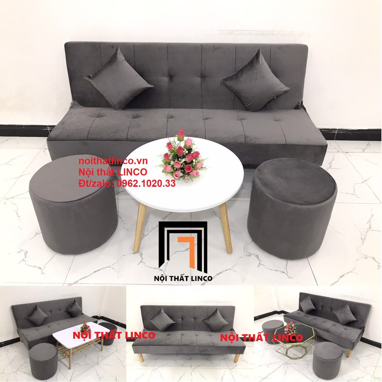  Bộ ghế sofa bed bật giường nằm SFG 1m7 màu xám đen vải nhung 