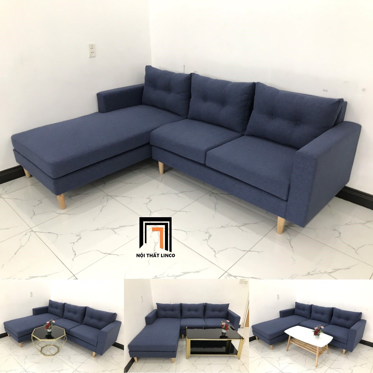  Bộ bàn ghế sofa góc L dài 2m2 x 1m6 nhỏ giá rẻ xanh dương đen 