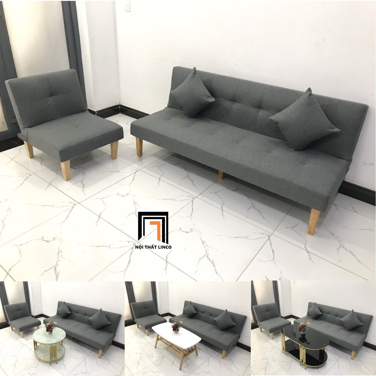  Bộ ghế sofa giường phòng khách nhỏ NS01 màu xám lông chuột 