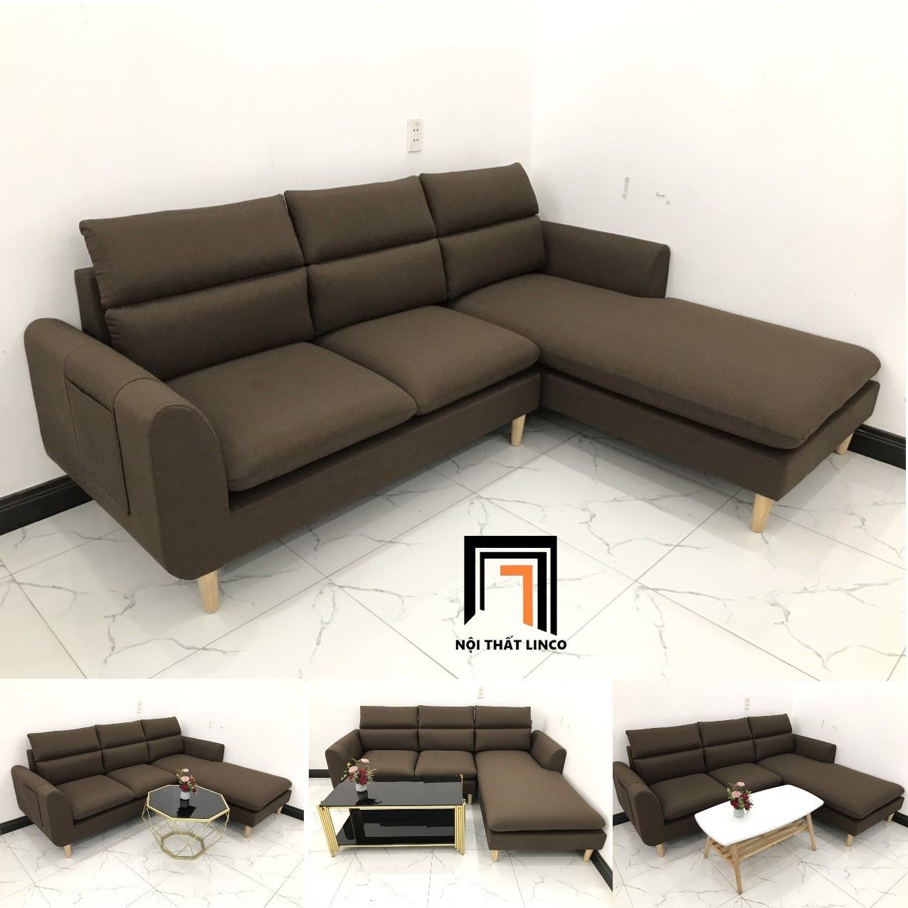  Bộ ghế sofa góc chữ L màu nâu đậm 2m2 x 1m6 cho gia đình 