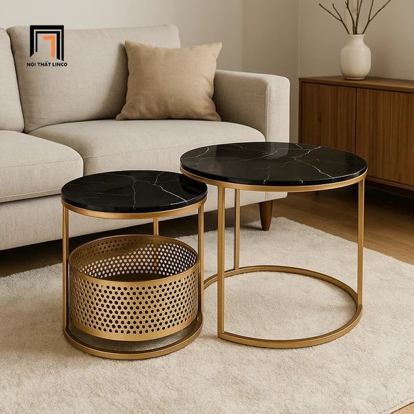 cặp 2 bàn tròn mặt đá đen