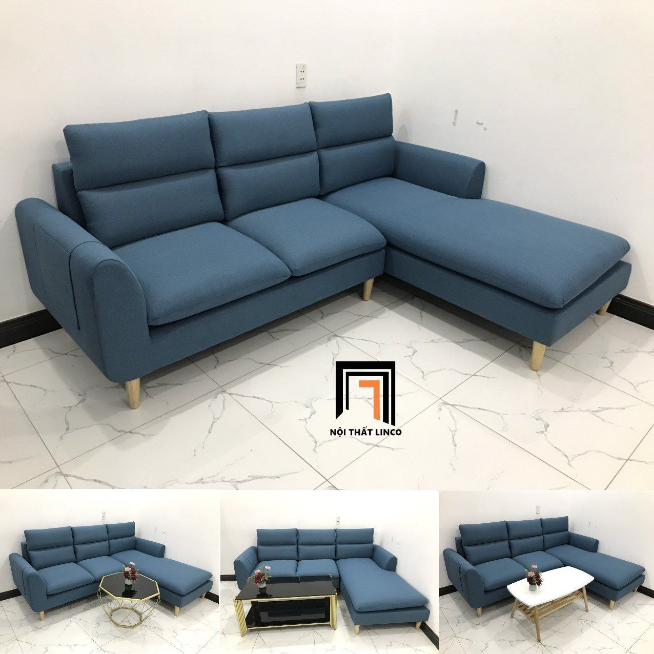  Bộ ghế sofa góc L 2m2 x 1m6 cho phòng khách màu xanh dương 
