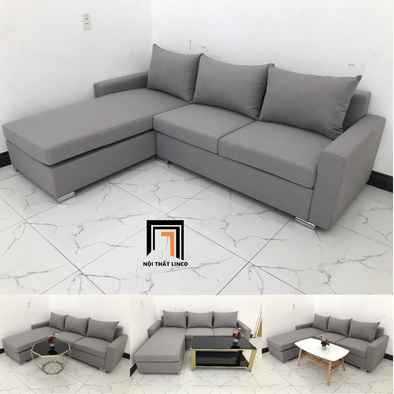  Sofa góc xám trắng giá rẻ dài 2m2 x 1m6 cho phòng khách nhỏ 