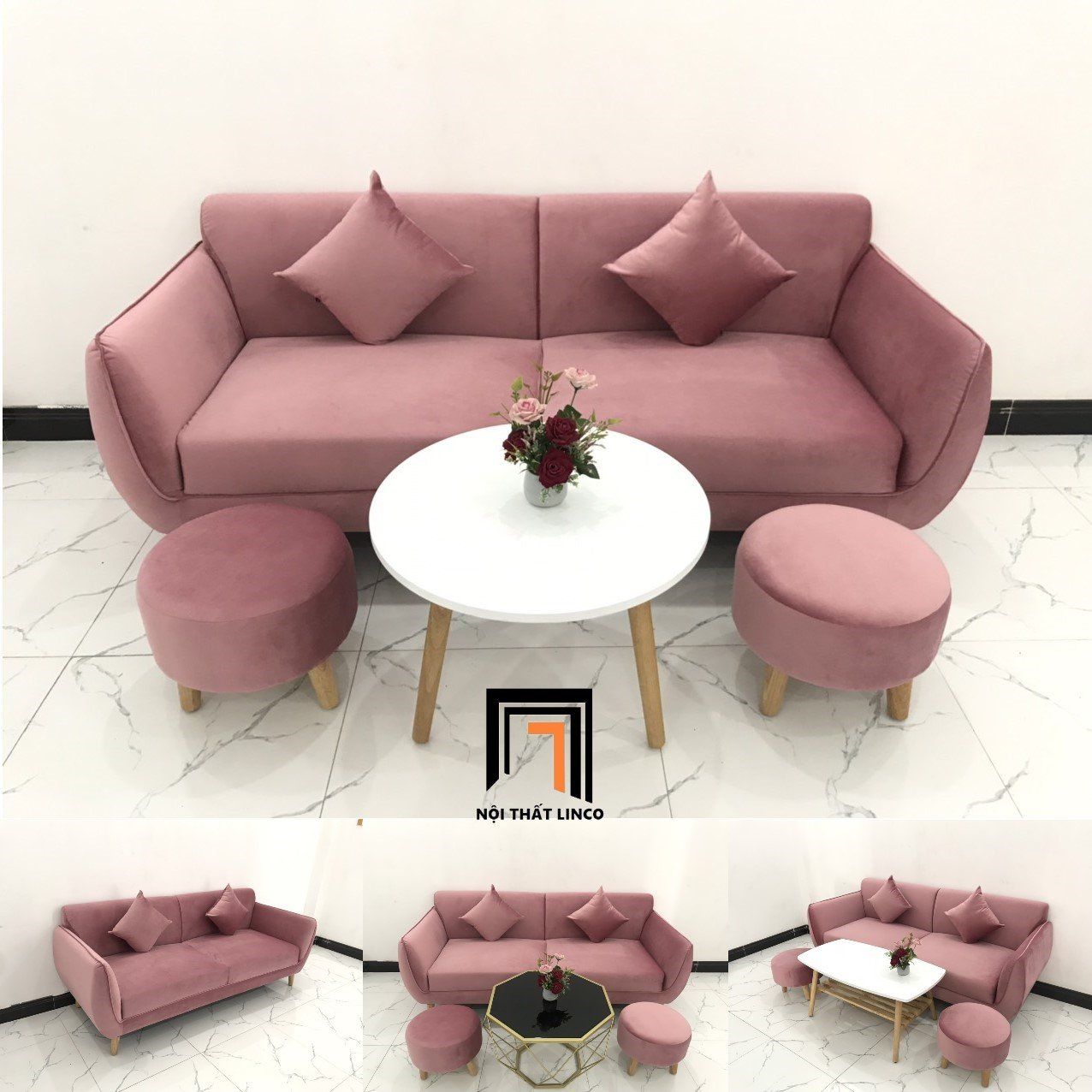  Mẫu sofa băng văng dài 1m9 giá rẻ BB màu hồng phấn vải nhung 