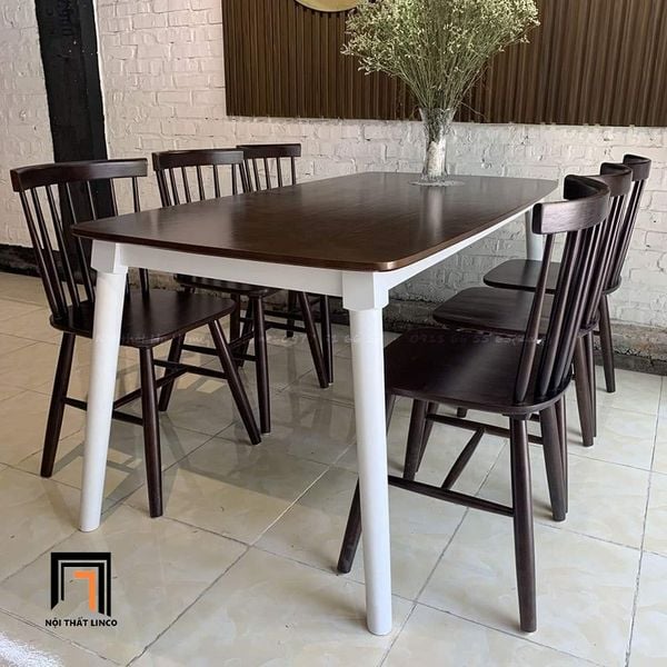 bộ bàn ăn 6 chỗ ngồi gỗ tự nhiên nâu đậm