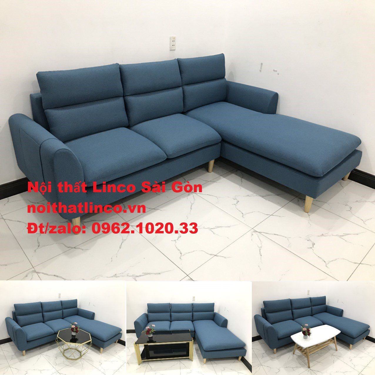  Bộ Sofa Góc chữ L | So pha vải bố xanh dương giá rẻ đẹp phòng khách | Nội thất Linco Sài Gòn 