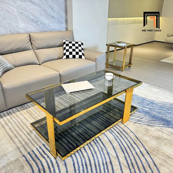 bàn trà phòng khách mặt kính 2 tầng