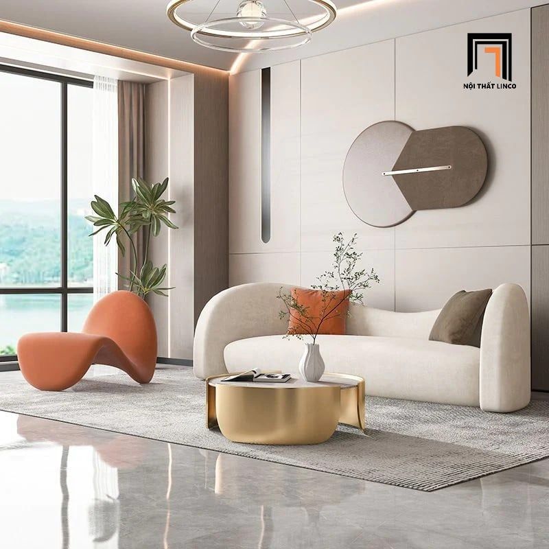  Ghế sofa băng cong dài 2m1 BT305 Farlet vải lông cừu xám trắng 