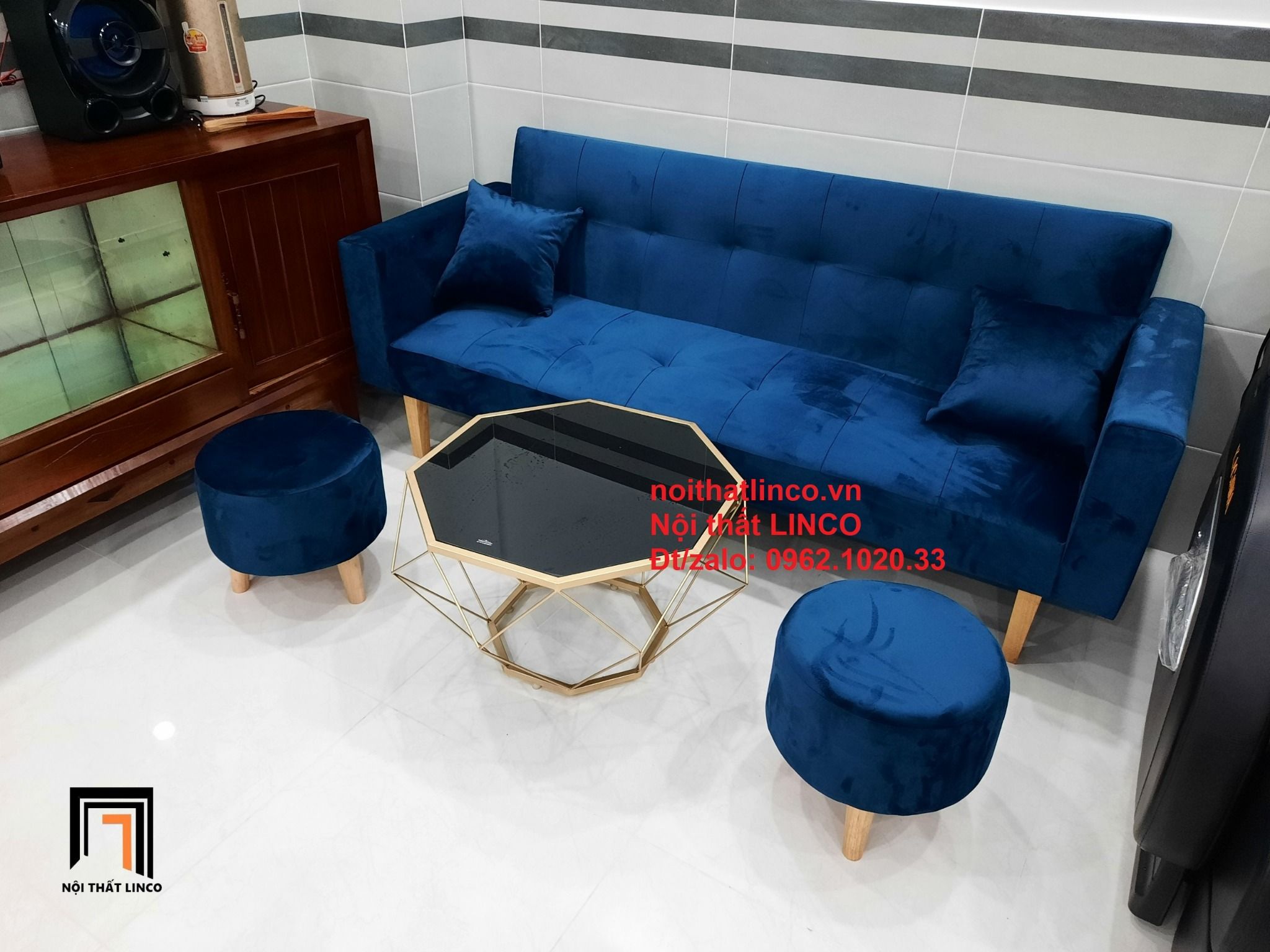  Bộ ghế sofa băng giường nằm xanh dương đậm vải nhung dài 2m 