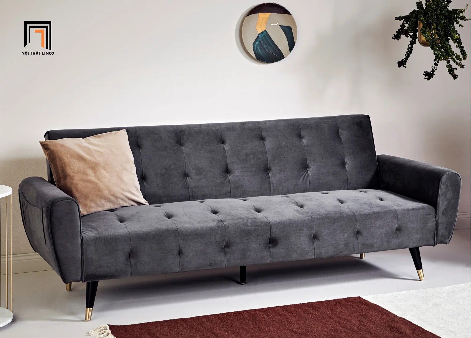  Ghế sofa băng giường GB22 Platin 2m vải nhung xám đen 