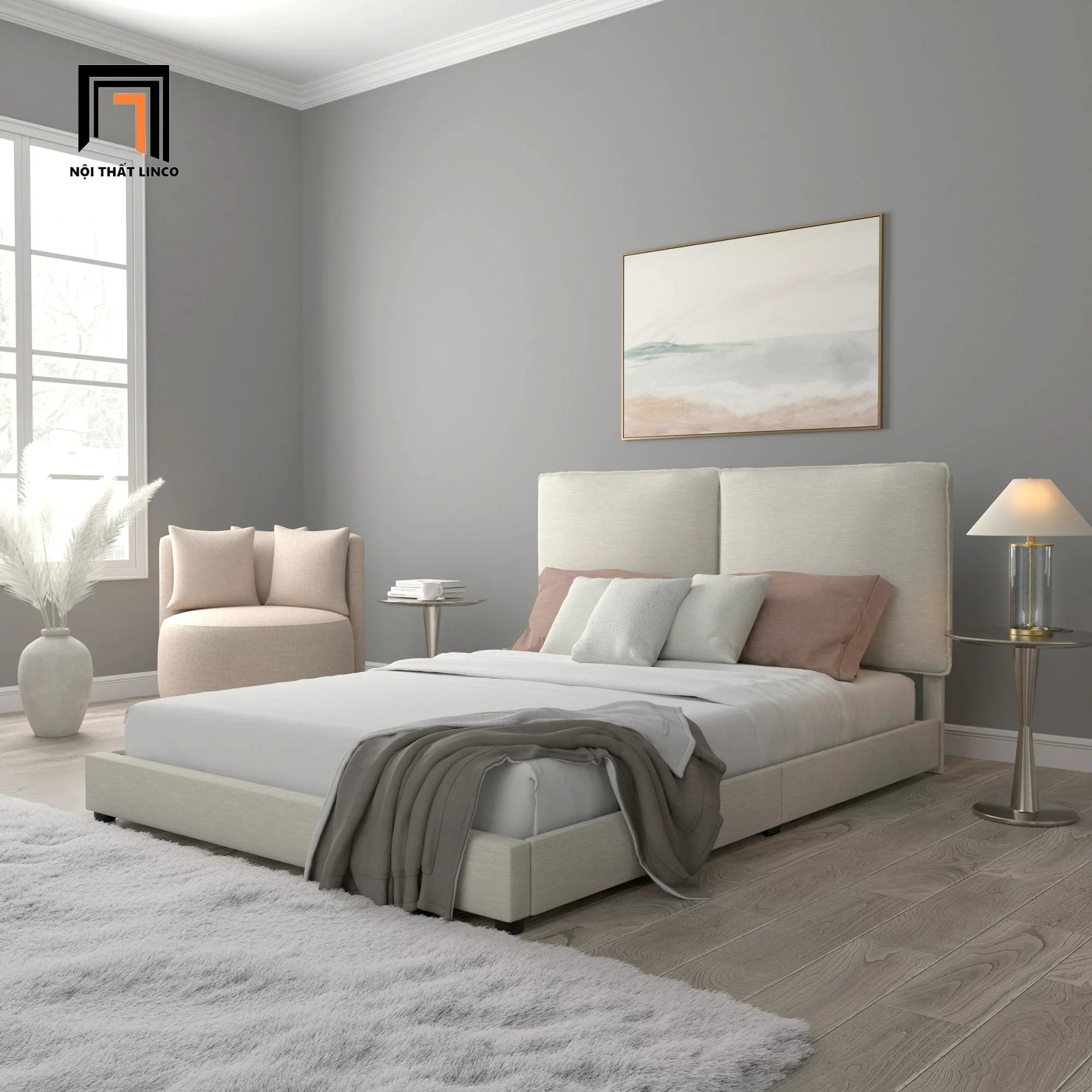  Giường ngủ bọc nệm xinh xắn GN7 Arden vải nỉ trắng kem 