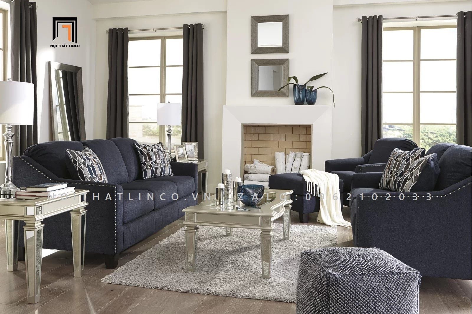  Bộ ghế sofa phòng khách sang trọng KT19 Canchola vải bố nỉ xám 