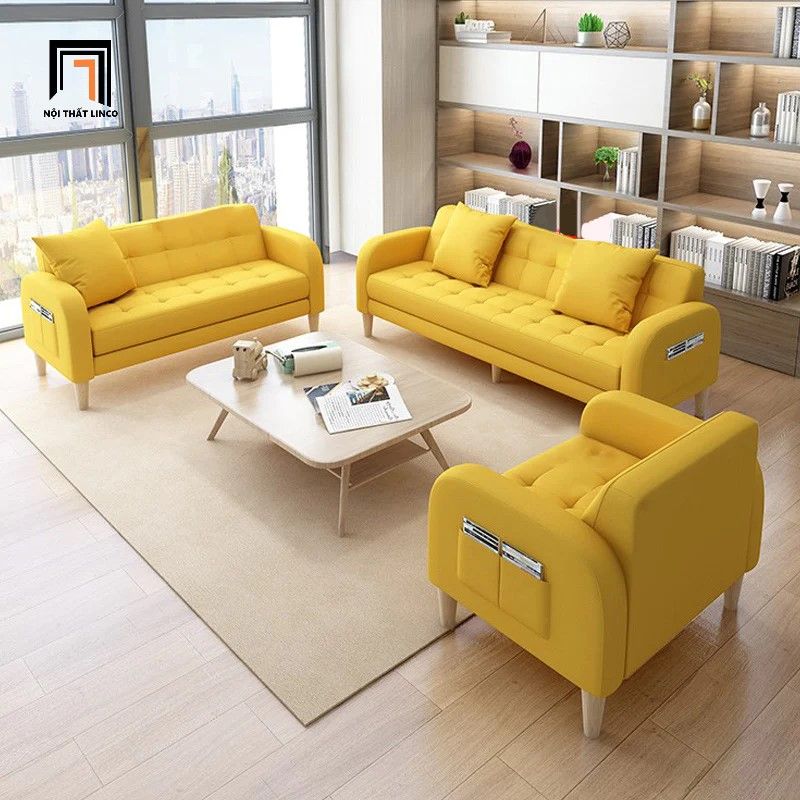  Bộ ghế sofa phòng khách gia đình vải nỉ KT107 màu vàng nhỏ gọn 