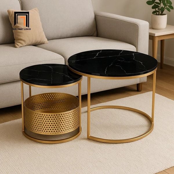 cặp 2 bàn tròn mặt đá đen