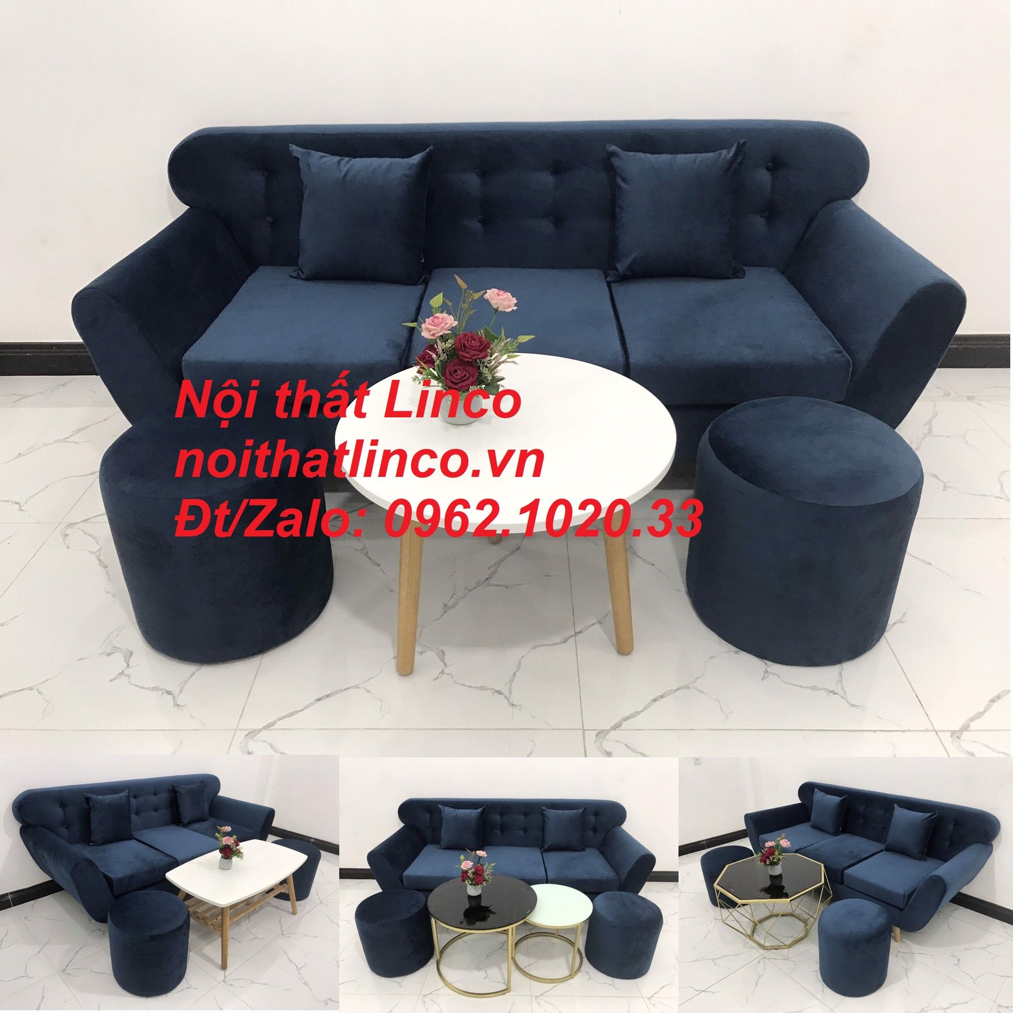  Bộ ghế sofa băng vải nhung xanh dương đen đậm | Sopha văng Linco Tphcm 