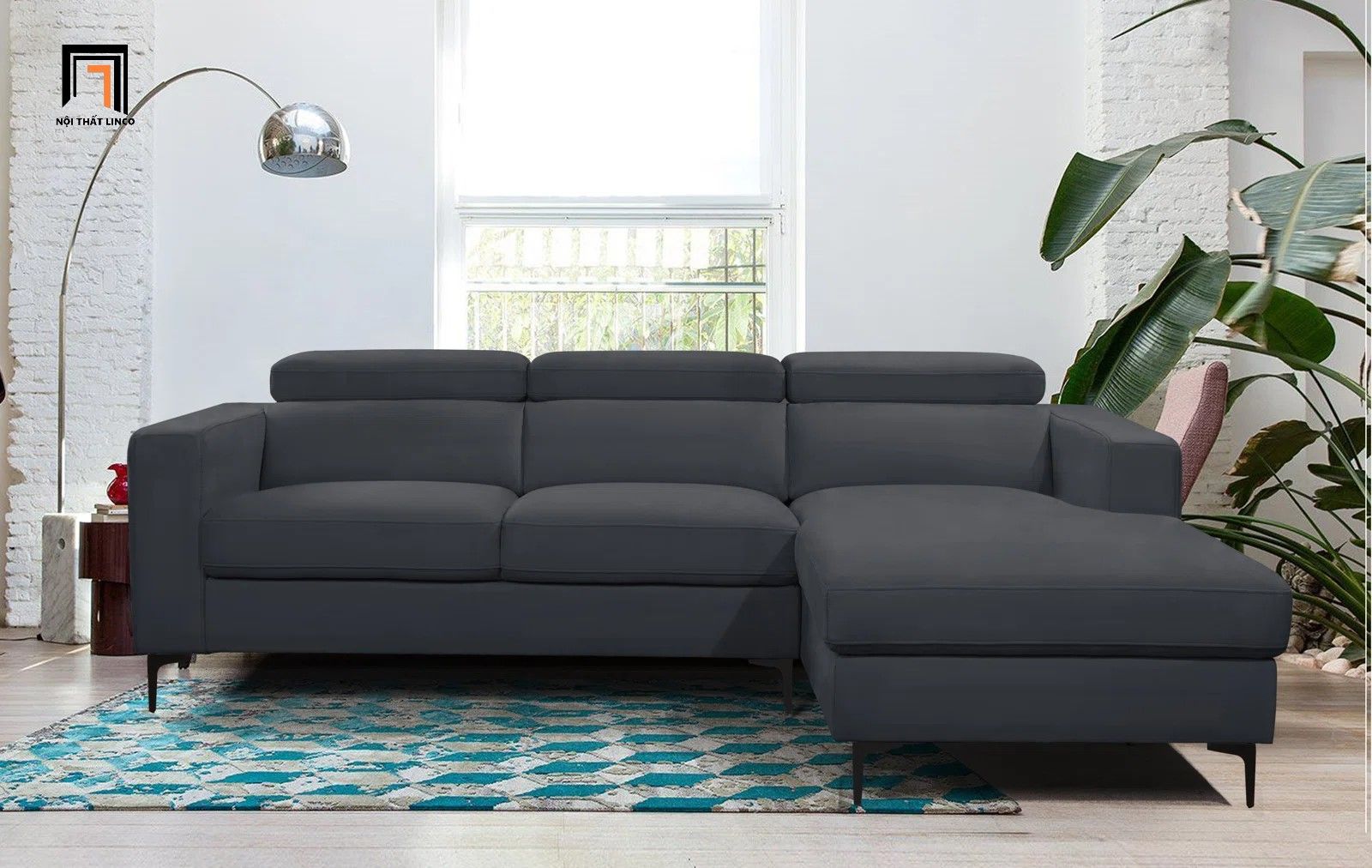  Ghế sofa góc thư giãn vải nhung GT91 Tashaye 2m4 x 1m7 xám đen 