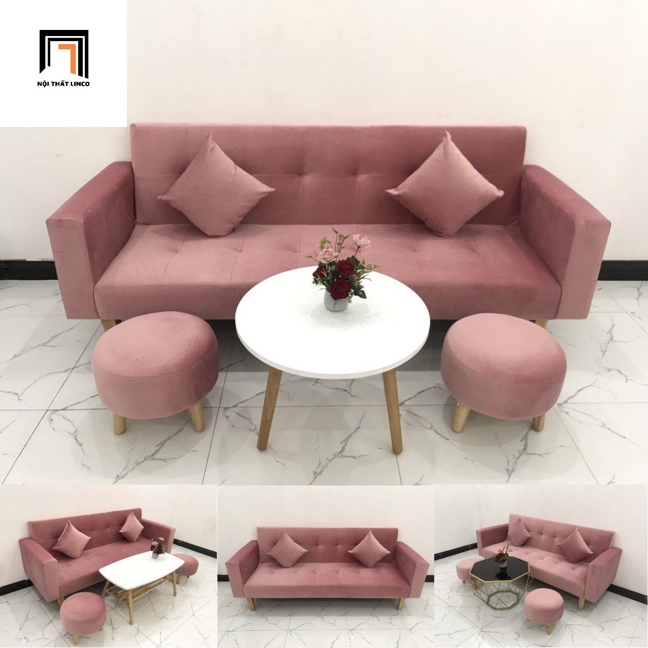  Bộ ghế sofa băng giường màu hồng phấn dài 2m giá rẻ 