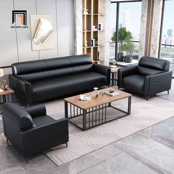 set ghế sofa bọc da giả màu đen