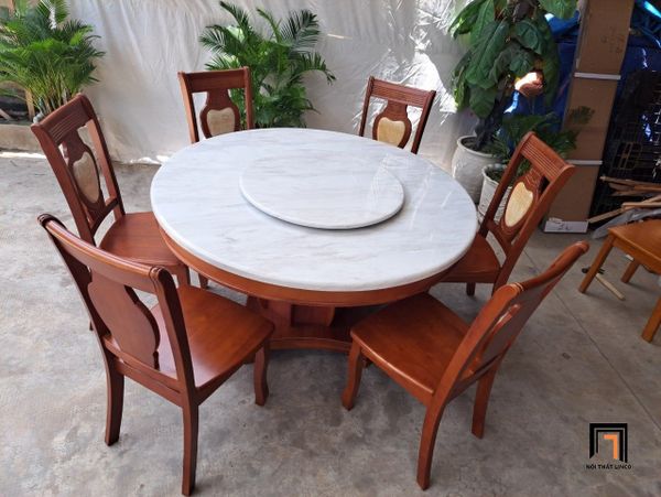 bộ bàn ăn đá tròn xoay 6 ghế