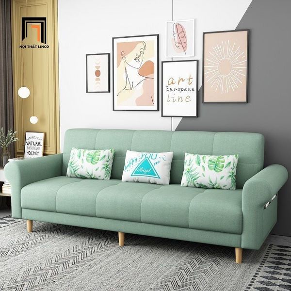  Ghế sofa giường tay kiểu cong GB112 Beiro 2m1 màu xanh lá nỉ 