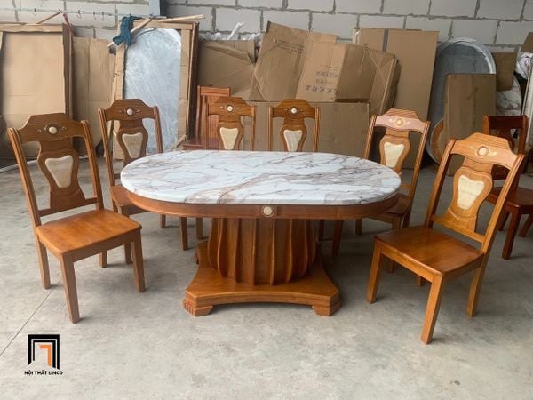 bộ bàn ăn đá oval 6 ghế gỗ