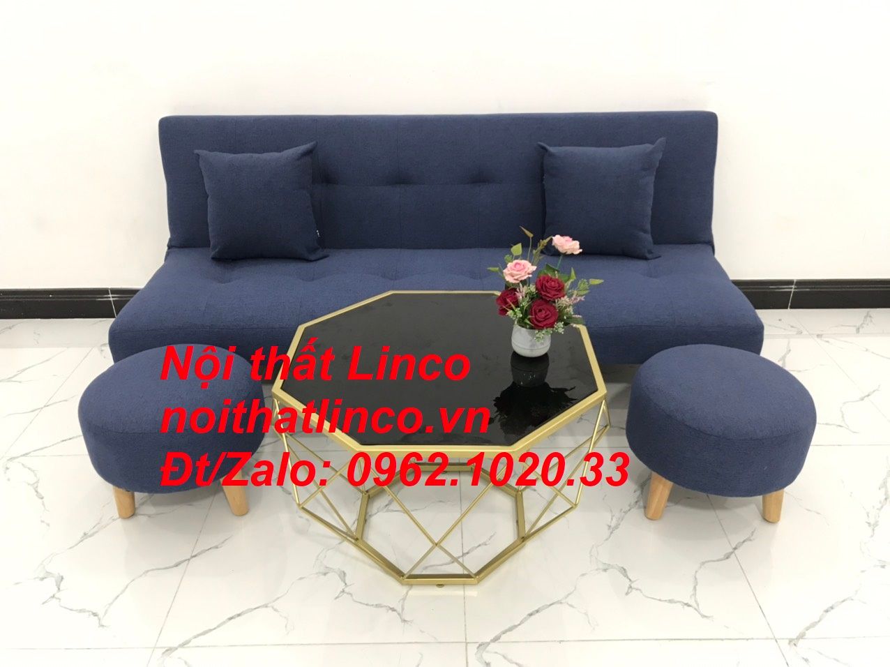  Bộ ghế sofa giường nằm dài 1m7 nhỏ gọn xanh dương đen đậm vải bố 