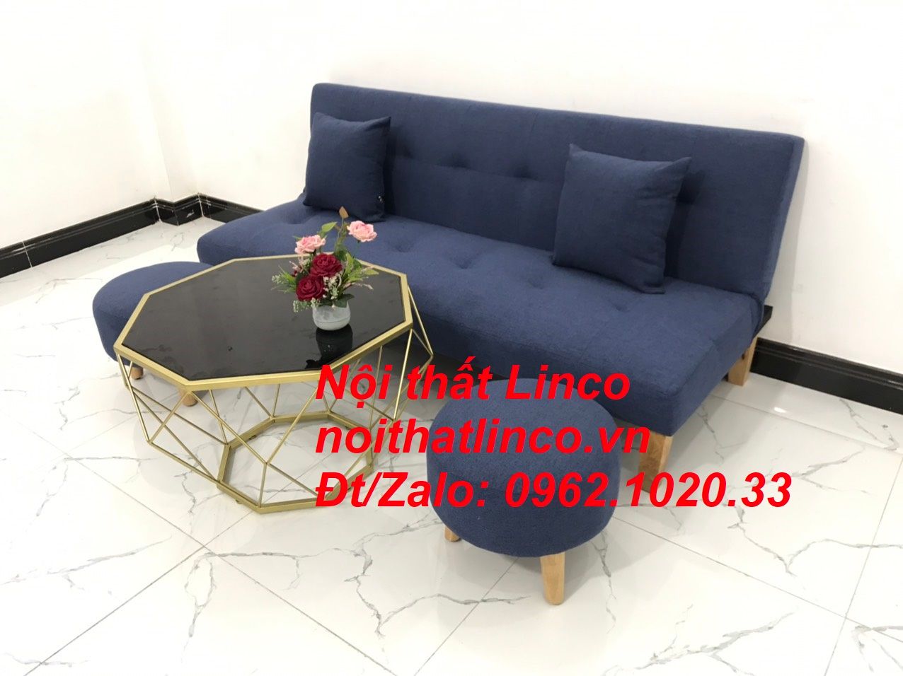  Bộ ghế sofa giường nằm dài 1m7 nhỏ gọn xanh dương đen đậm vải bố 