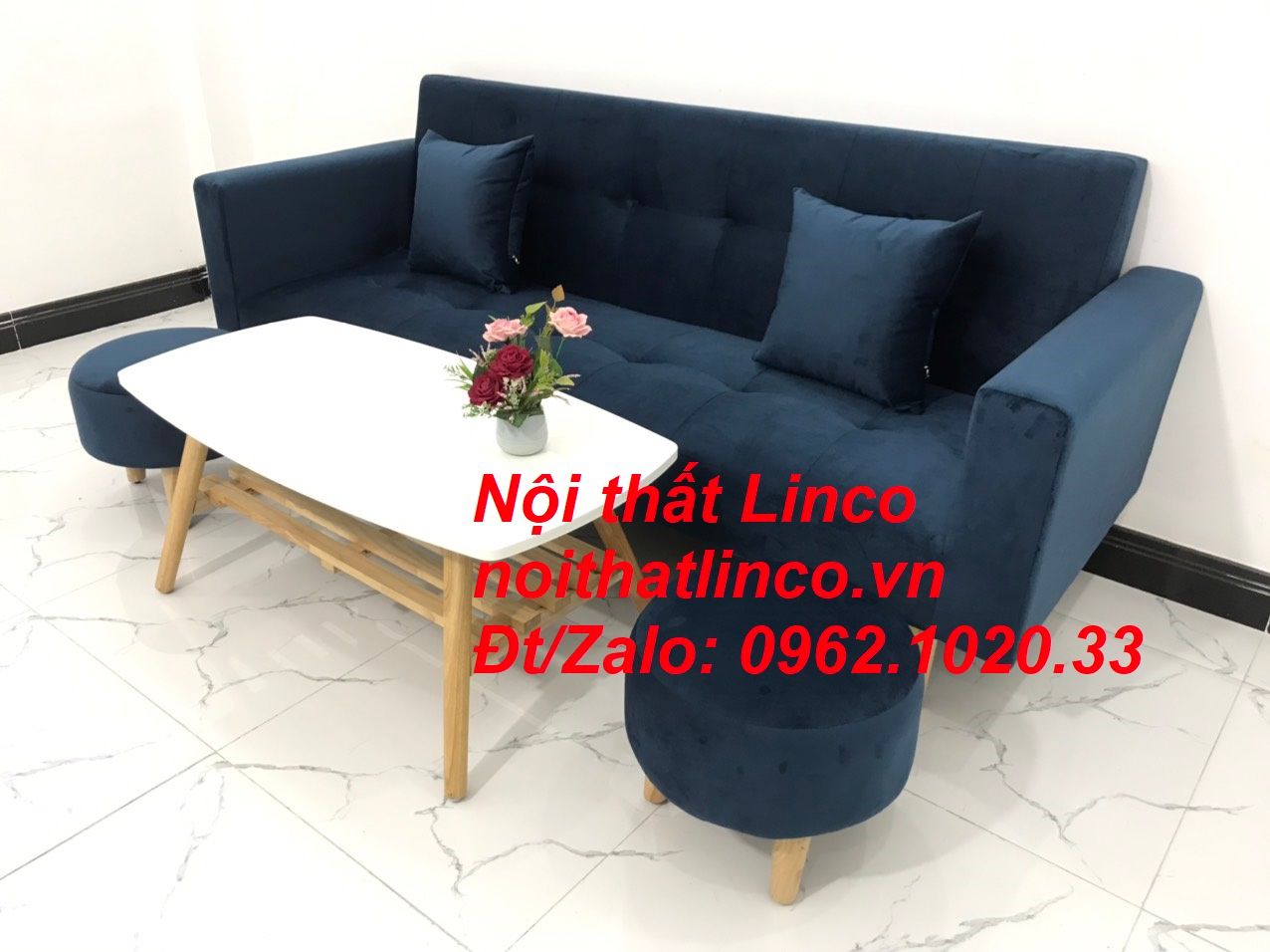  Bộ ghế sofa băng giường nằm xanh dương đậm vải nhung dài 2m 