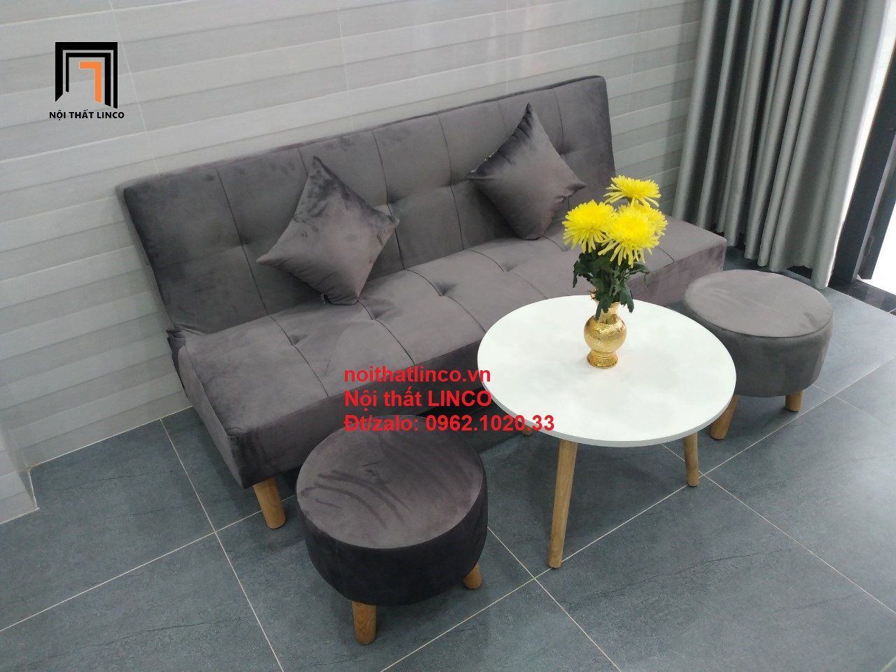  Bộ ghế sofa bed bật giường nằm SFG 1m7 màu xám đen vải nhung 