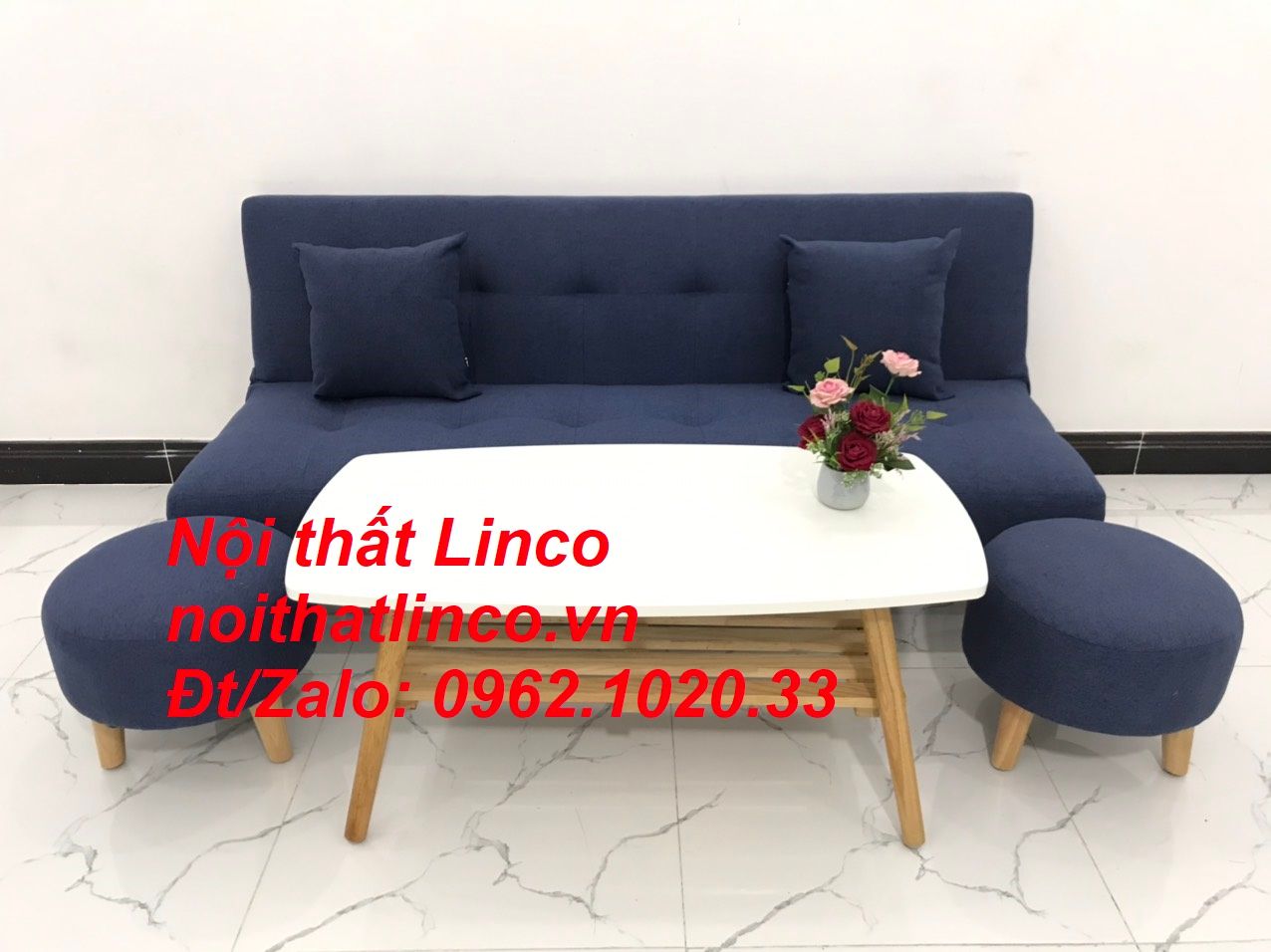  Bộ ghế sofa giường nằm dài 1m7 nhỏ gọn xanh dương đen đậm vải bố 