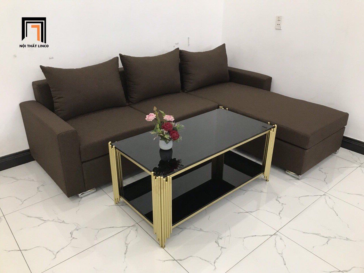  Bộ ghế sofa góc giá rẻ 2m2 x 1m6 màu nâu đậm nhỏ 