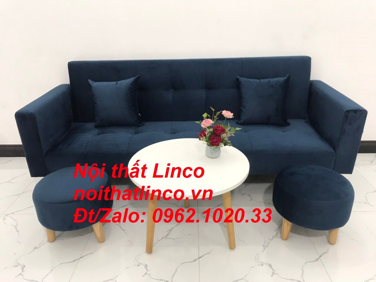  Bộ ghế sofa băng giường nằm xanh dương đậm vải nhung dài 2m 