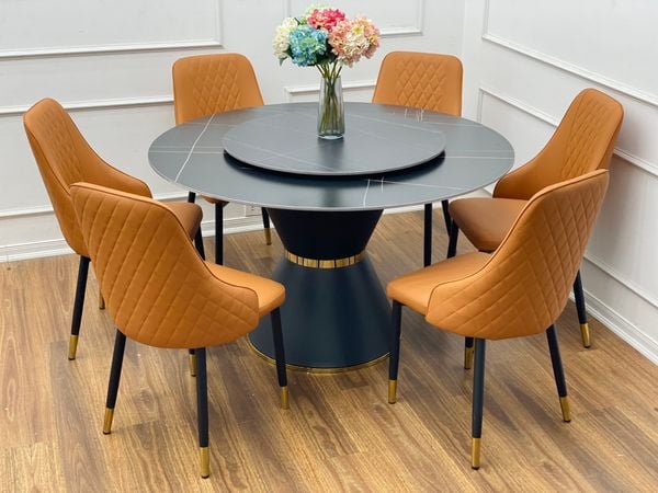 bộ bàn ăn 6 ghế mặt đá tròn xoay