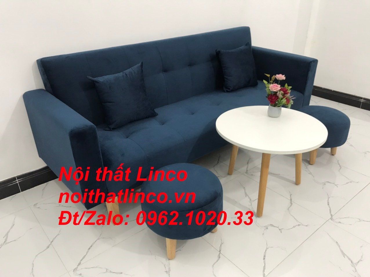  Bộ ghế sofa băng giường nằm xanh dương đậm vải nhung dài 2m 