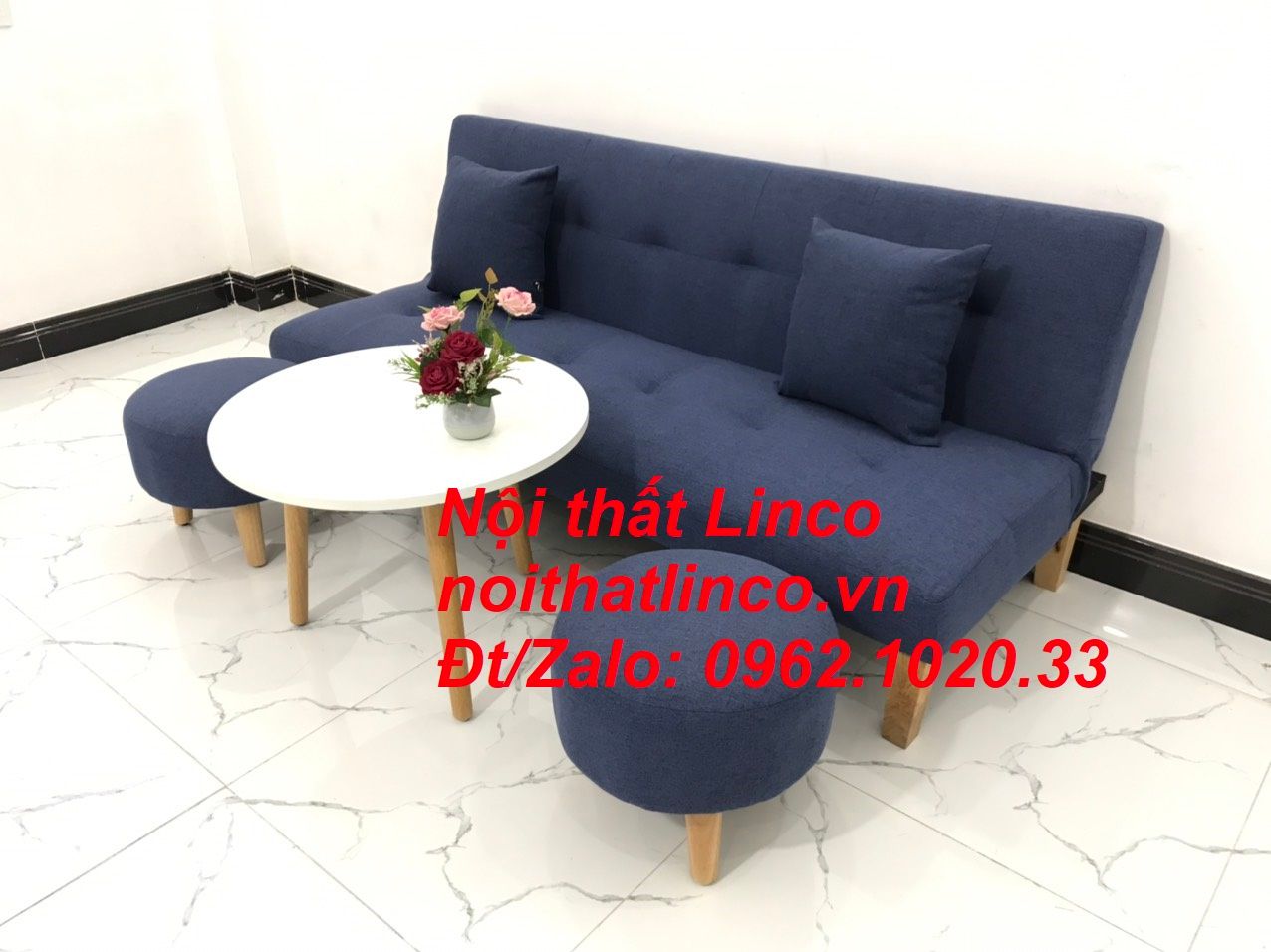  Bộ ghế sofa giường nằm dài 1m7 nhỏ gọn xanh dương đen đậm vải bố 