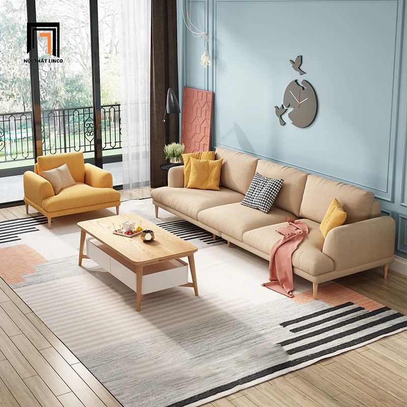  Bộ ghế sofa góc L 2m4 x 1m6 GT155 Mosa vải nỉ trắng kem 