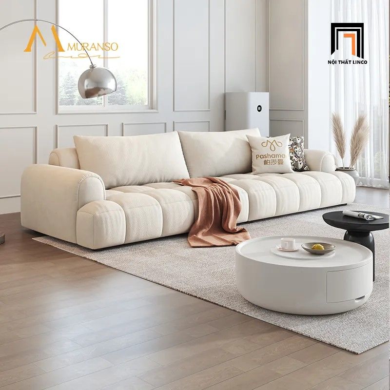  Ghế sofa văng nỉ màu trắng kem BT270 Muranso dài 2m4 giá rẻ 