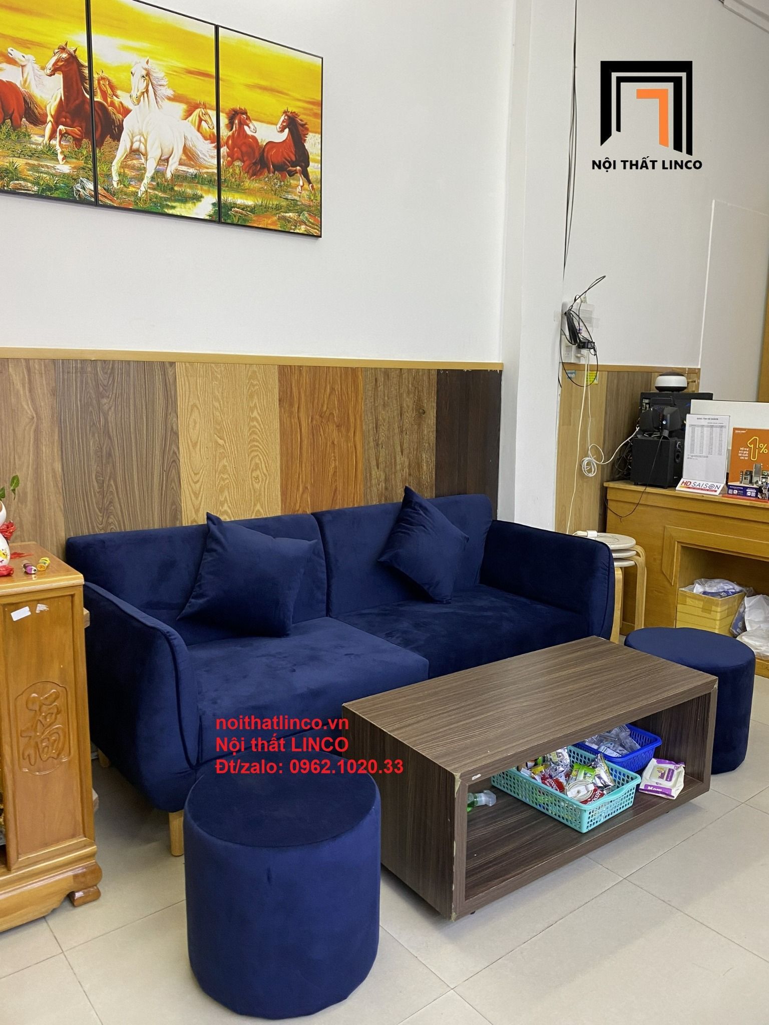 Bộ bàn ghế sofa băng văng xanh dương đậm giá rẻ Nội thất Linco Sài Gòn