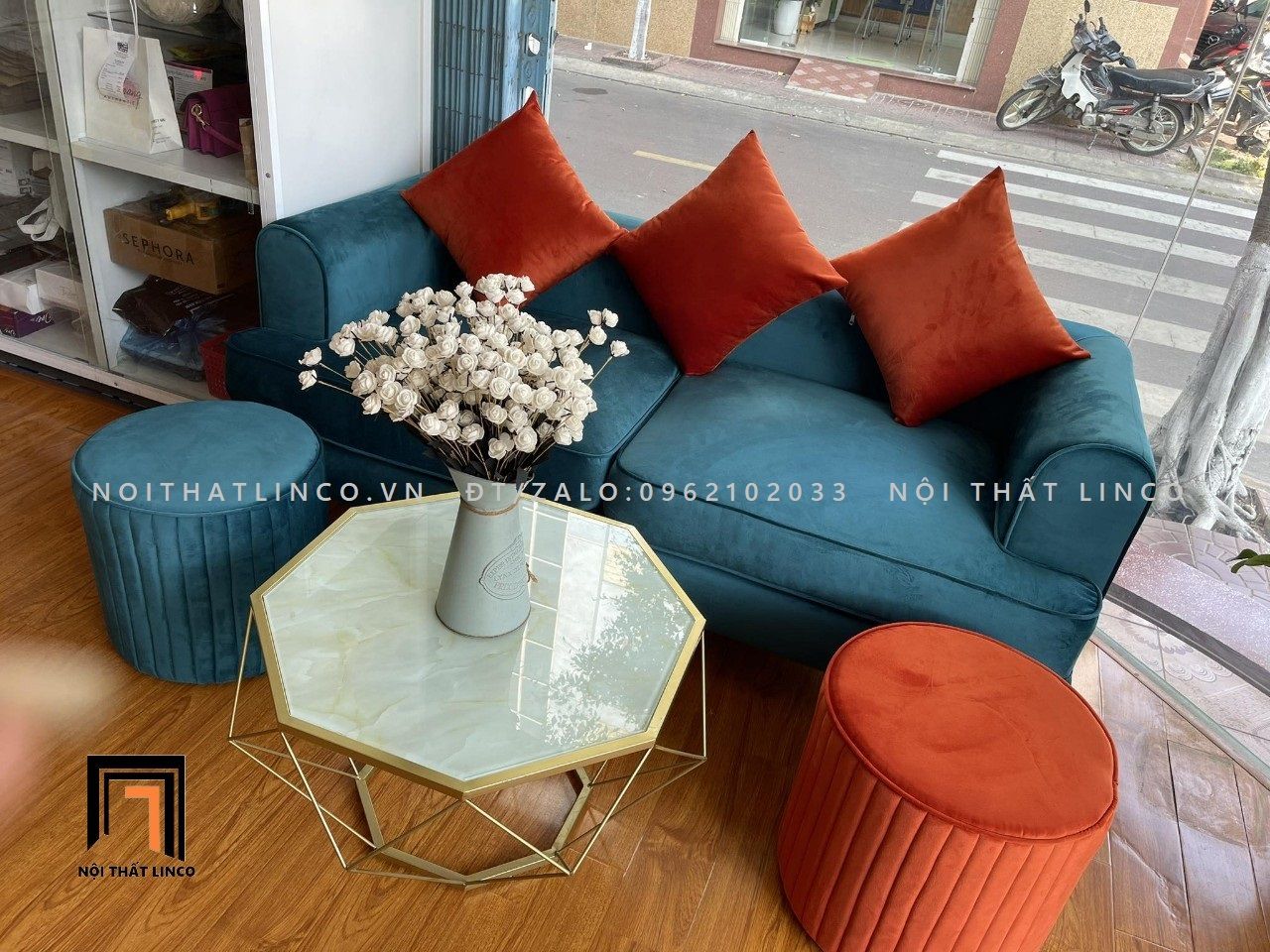  Bộ ghế sofa băng xanh lá BT63 Hugen vải nhung nỉ phối màu 