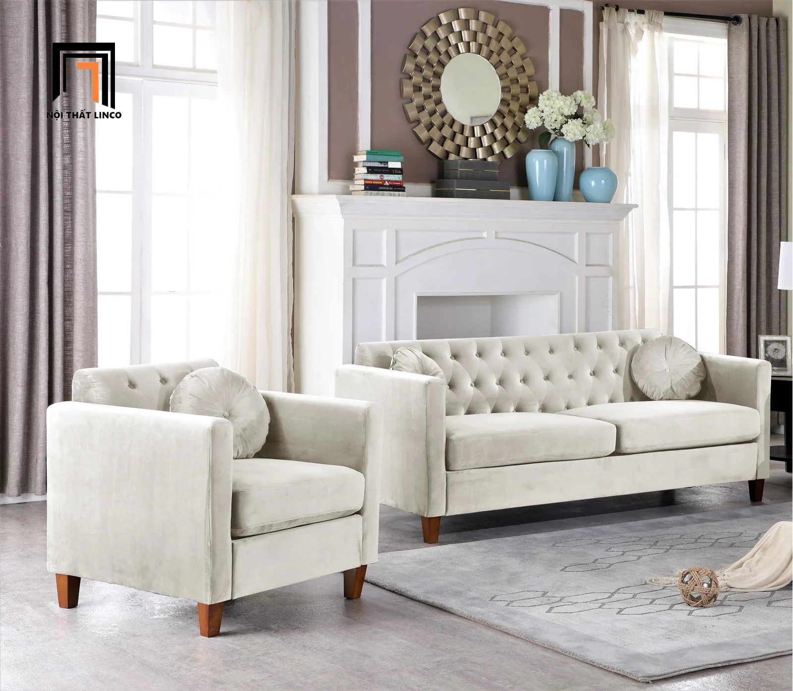  Bộ ghế sofa gia đình hiện đại KT125 Prady xanh lá vải nhung 