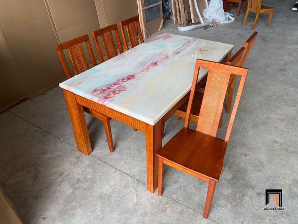 bộ bàn ăn chữ nhật 1m6 mặt đá