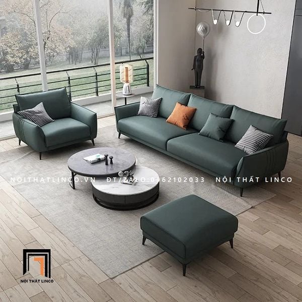 bộ ghế sofa phòng khách da giả xanh lá