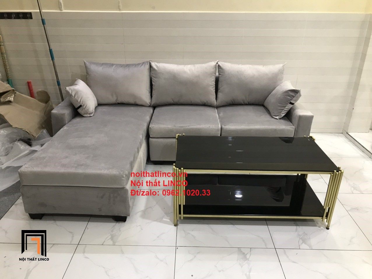  Sofa góc xám trắng giá rẻ dài 2m2 x 1m6 cho phòng khách nhỏ 