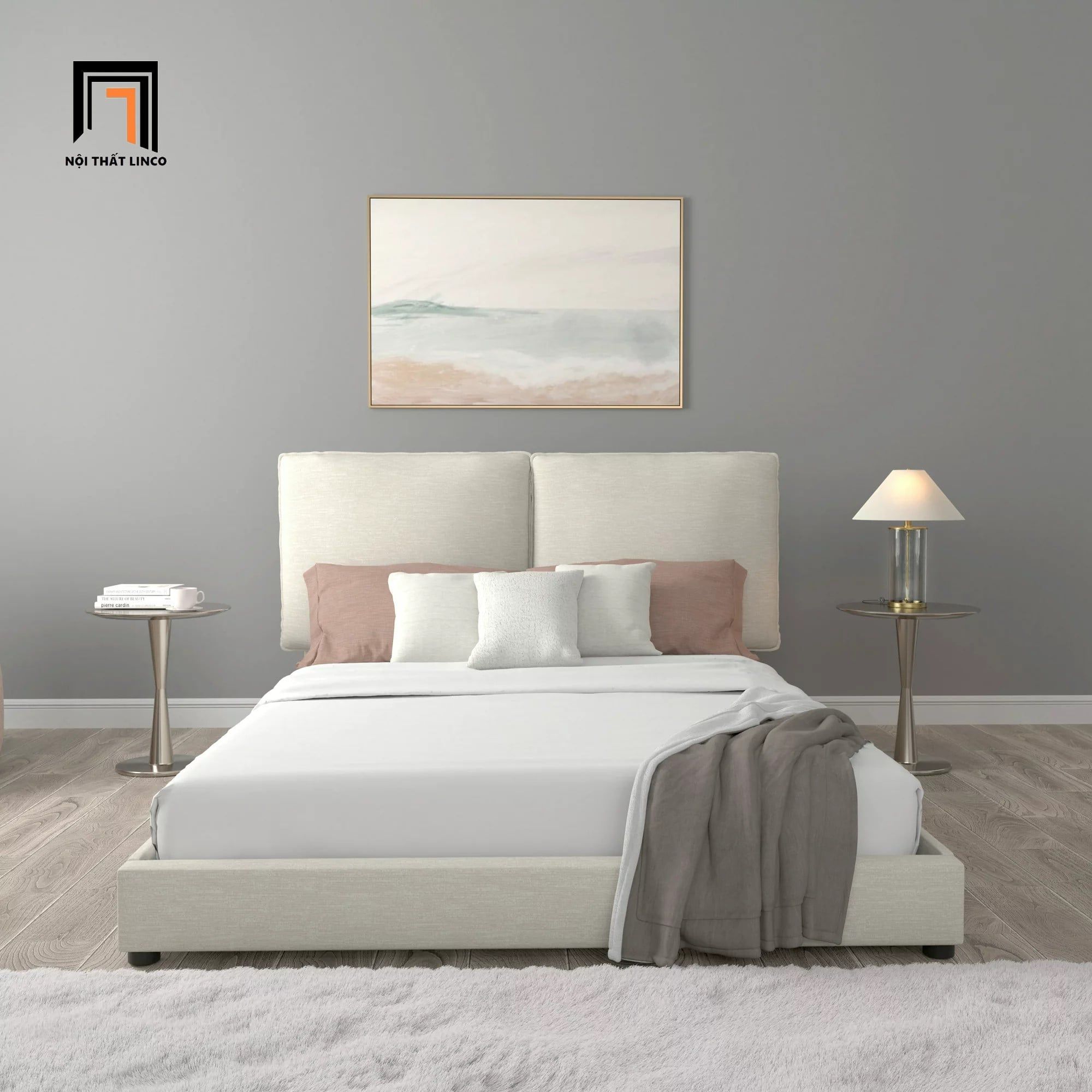  Giường ngủ bọc nệm xinh xắn GN7 Arden vải nỉ trắng kem 