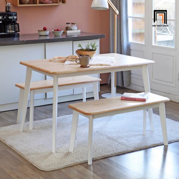 bộ bàn ăn dài 1m2 2 ghế gỗ bench