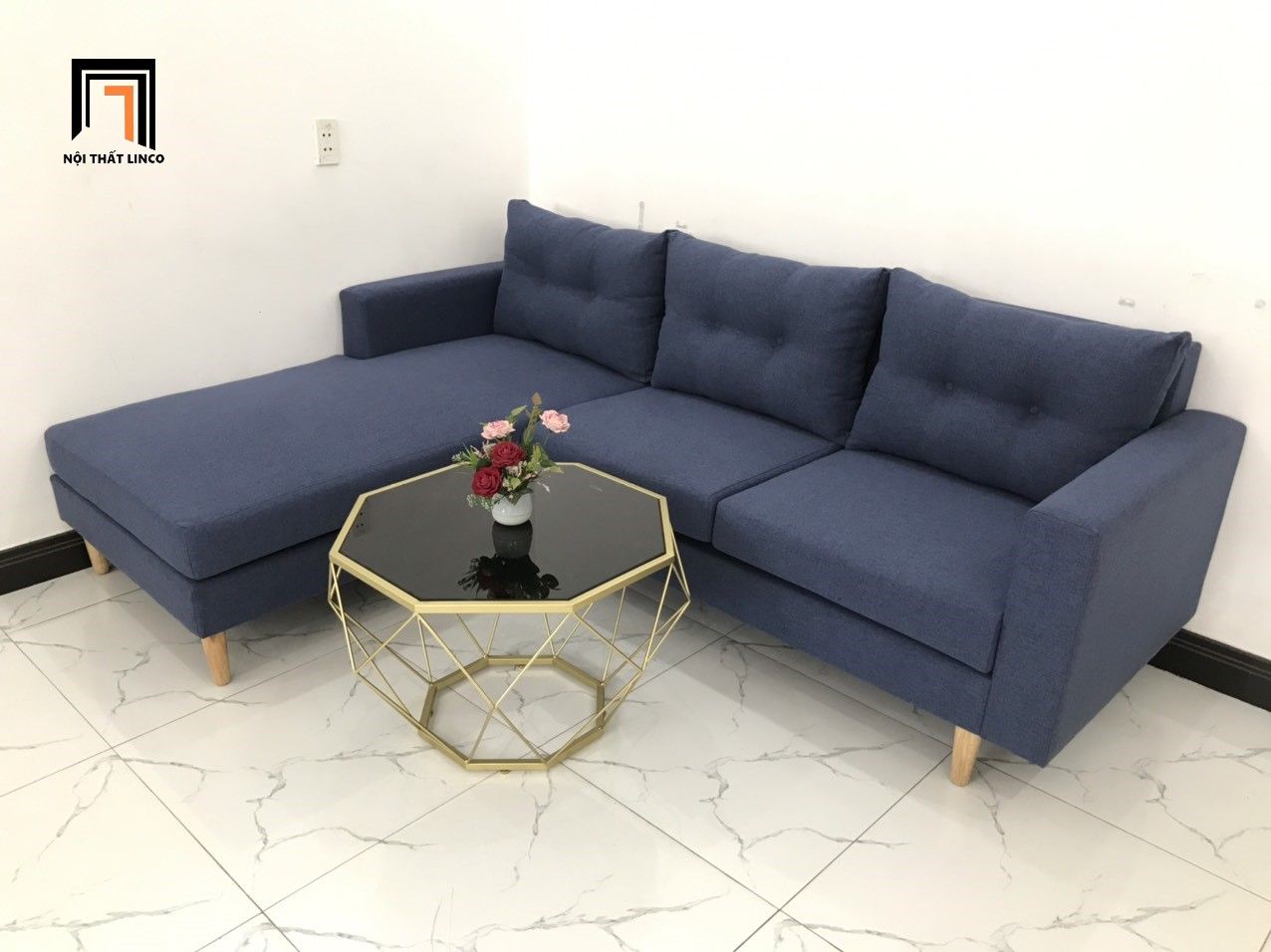  Bộ bàn ghế sofa góc L dài 2m2 x 1m6 nhỏ giá rẻ xanh dương đen 