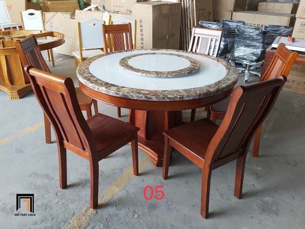 bộ bàn ăn mặt đá 1m3 6 ghế gỗ nâu