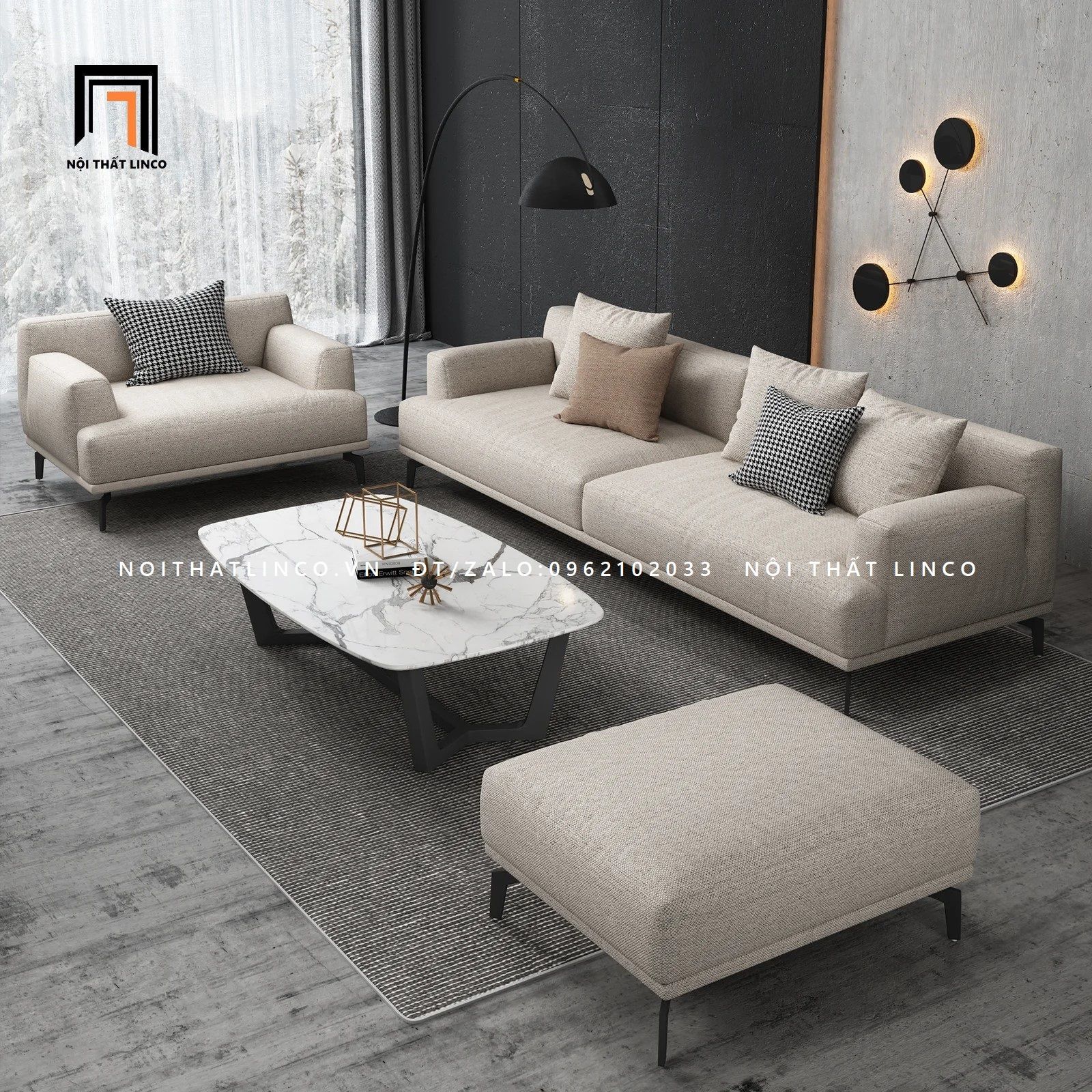  Set ghế sofa phòng khách sang trong KT32 Orren màu trắng kem 