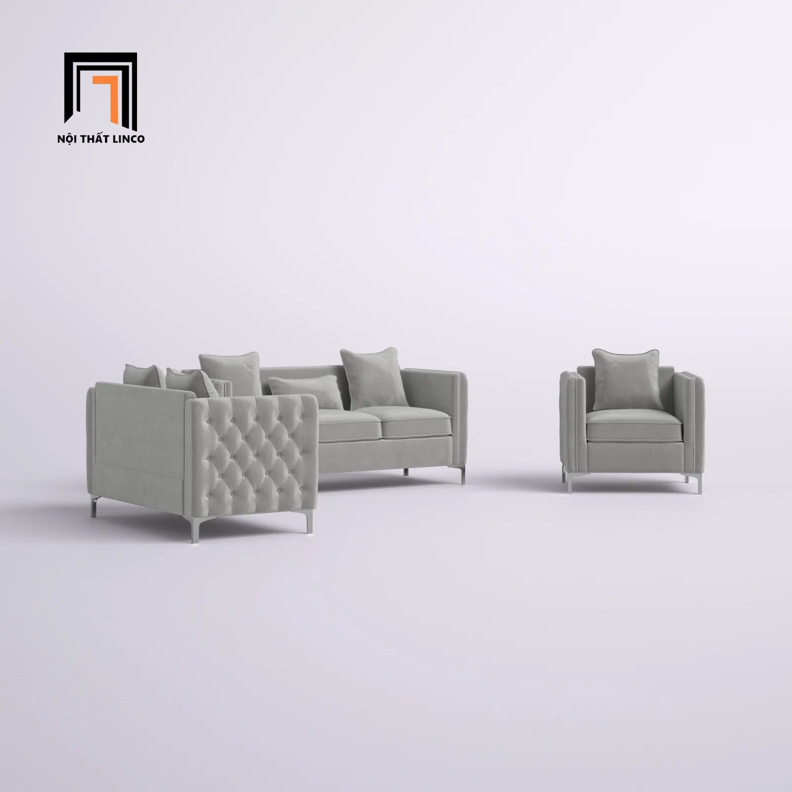  Bộ ghế sofa giật nút sang trọng KT122 Essex vải nhung xám trắng 