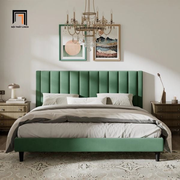 giường ngủ vải nhung nỉ xanh lá
